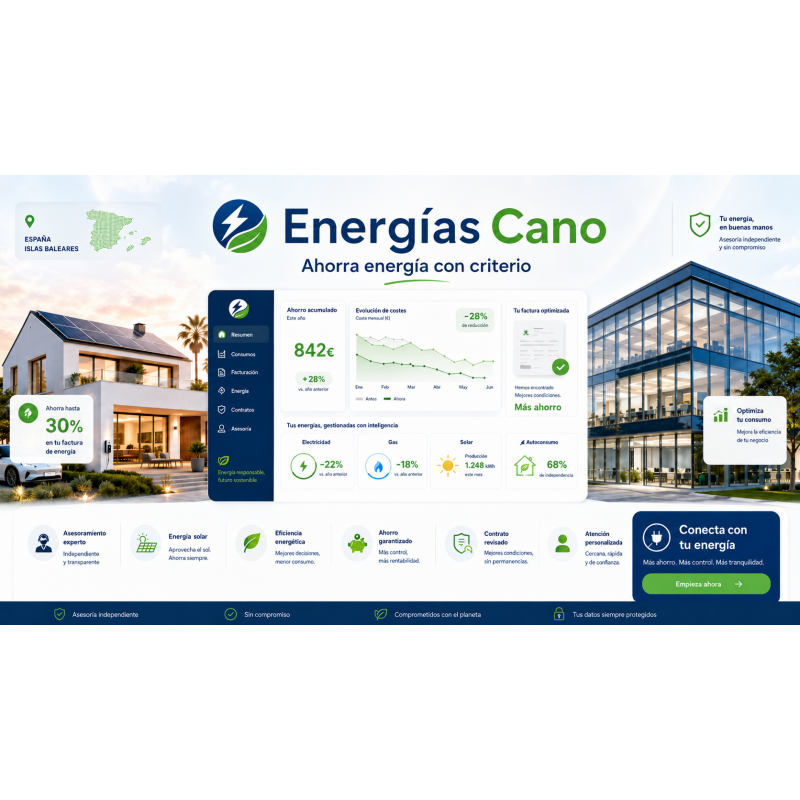 Energías Cano asesoramiento energético para hogares y empresas en España e Islas Baleares con ahorro en luz gas y energía solar